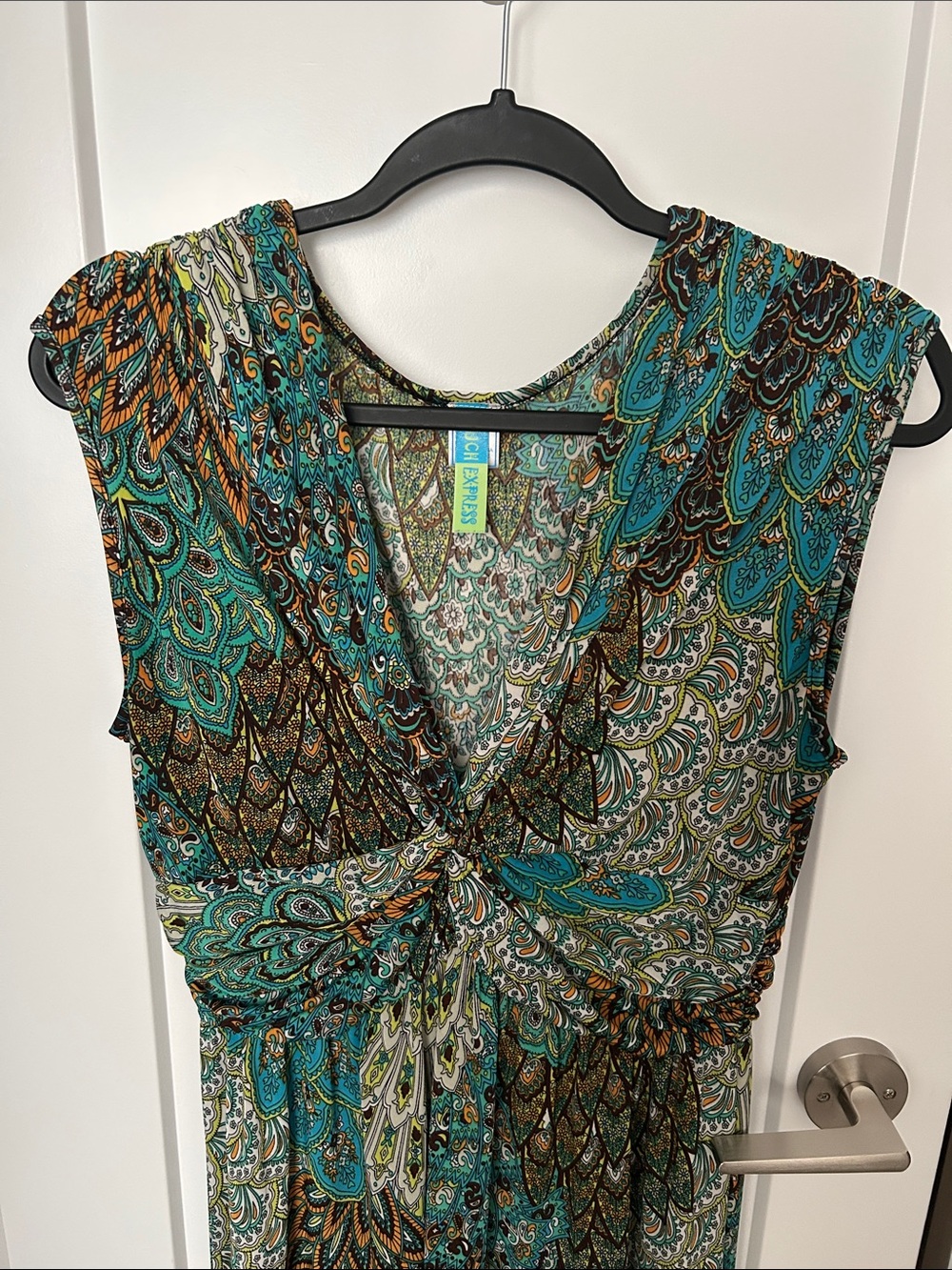 Tropical Teal and Brown Paisley Twist-Front Midi Dress weekend evening or beach - Picture 2 of 12